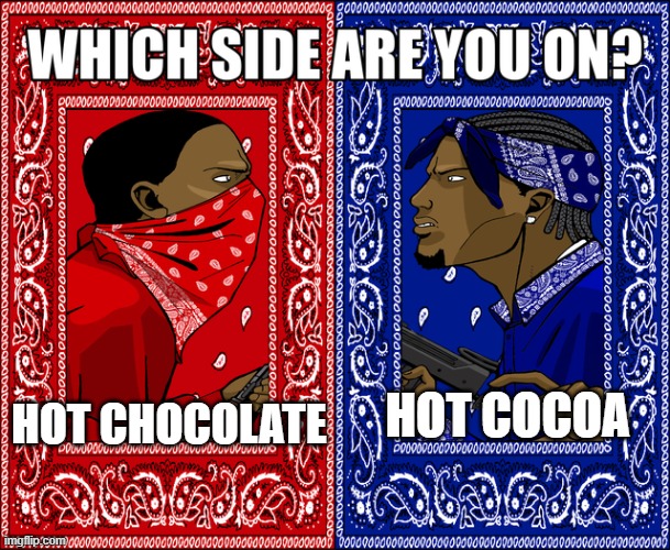 Hot chocolate vs. Hot cocoa | HOT CHOCOLATE; HOT COCOA | image tagged in which side are you on,hot chocolate | made w/ Imgflip meme maker