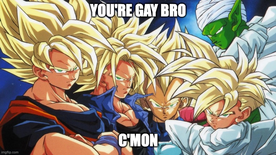 low effort dbz gay meme | YOU'RE GAY BRO; C'MON | image tagged in low effort,dbz,gay pride | made w/ Imgflip meme maker