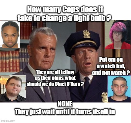 OBVIOUSLY the only answer is more gun laws | How many Cops does it take to change a light bulb ? Put em on a watch list, and not watch ? They are all telling us their plans, what should we do Chief O'Hara ? NONE
They just wait until it turns itself in | image tagged in watch list this | made w/ Imgflip meme maker