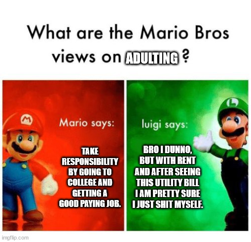 Adulting is, fun... | ADULTING; TAKE RESPONSIBILITY BY GOING TO COLLEGE AND GETTING A GOOD PAYING JOB. BRO I DUNNO, BUT WITH RENT AND AFTER SEEING THIS UTILITY BILL I AM PRETTY SURE I JUST SHIT MYSELF. | image tagged in mario says luigi says | made w/ Imgflip meme maker
