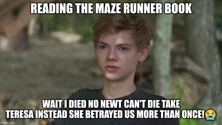 why him not newt anyone but newt!! | READING THE MAZE RUNNER BOOK; WAIT I DIED NO NEWT CAN'T DIE TAKE TERESA INSTEAD SHE BETRAYED US MORE THAN ONCE!😭 | image tagged in maze runner newt confused | made w/ Imgflip meme maker