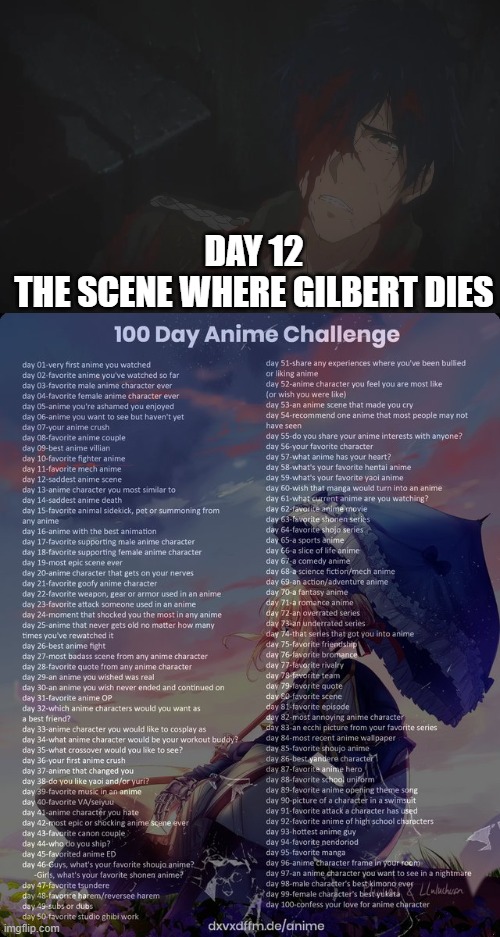 day 12 | DAY 12
THE SCENE WHERE GILBERT DIES | image tagged in 100 day anime challenge | made w/ Imgflip meme maker