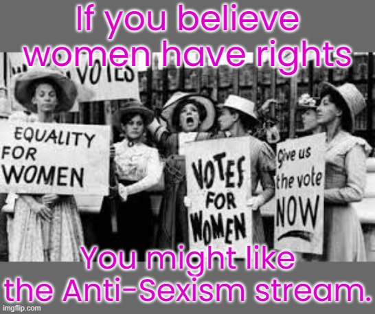 Link in comment. | If you believe women have rights; You might like the Anti-Sexism stream. | image tagged in suffragettes,gender equality | made w/ Imgflip meme maker