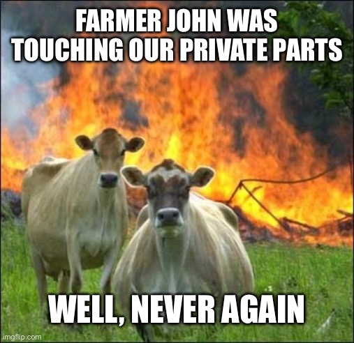 Evil Cows Meme | FARMER JOHN WAS TOUCHING OUR PRIVATE PARTS WELL, NEVER AGAIN | image tagged in memes,evil cows | made w/ Imgflip meme maker