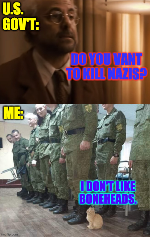 U.S. GOV'T: DO YOU VANT TO KILL NAZIS? ME: I DON'T LIKE
BONEHEADS. | made w/ Imgflip meme maker