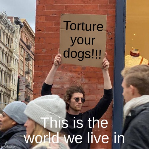 Torture your dogs!!! This is the world we live in | image tagged in memes,guy holding cardboard sign | made w/ Imgflip meme maker
