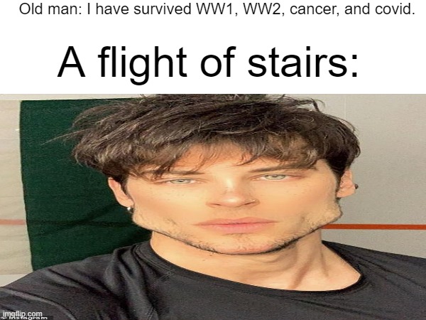 I had to. | Old man: I have survived WW1, WW2, cancer, and covid. A flight of stairs: | image tagged in dark humor | made w/ Imgflip meme maker
