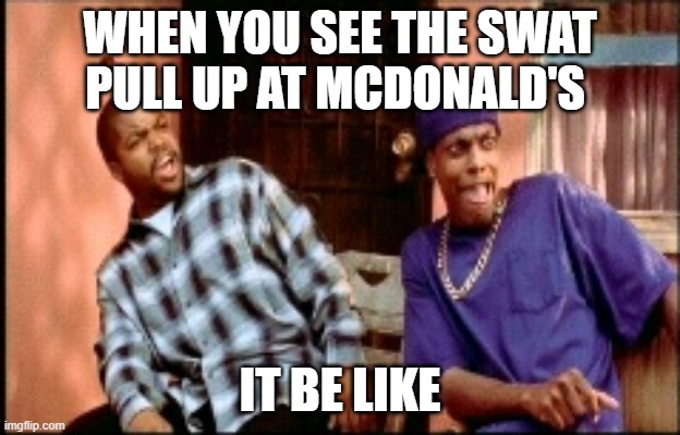 Damnnnn you got roasted | WHEN YOU SEE THE SWAT PULL UP AT MCDONALD'S; IT BE LIKE | image tagged in damnnnn you got roasted | made w/ Imgflip meme maker