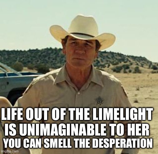 Tommy Lee Jones, No Country.. | LIFE OUT OF THE LIMELIGHT IS UNIMAGINABLE TO HER YOU CAN SMELL THE DESPERATION | image tagged in tommy lee jones no country | made w/ Imgflip meme maker