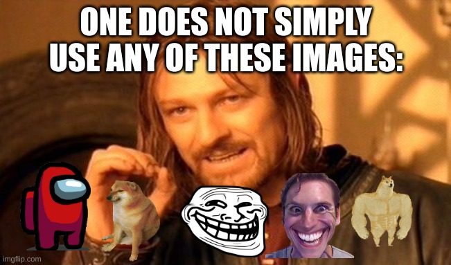 One Does Not Simply |  ONE DOES NOT SIMPLY USE ANY OF THESE IMAGES: | image tagged in memes,one does not simply | made w/ Imgflip meme maker
