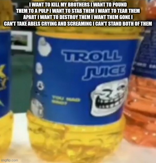 troll juice | I WANT TO KILL MY BROTHERS I WANT TO POUND THEM TO A PULP I WANT TO STAB THEM I WANT TO TEAR THEM APART I WANT TO DESTROY THEM I WANT THEM GONE I CAN'T TAKE ABELS CRYING AND SCREAMING I CAN'T STAND BOTH OF THEM | image tagged in troll juice | made w/ Imgflip meme maker