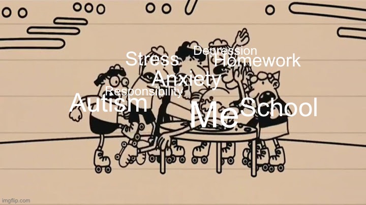 Greg getting beat up | Depression; Stress; Homework; Autism; Anxiety; Responsibility; Me; School | image tagged in diary of a wimpy kid | made w/ Imgflip meme maker