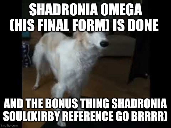 Low quality borzoi dog | SHADRONIA OMEGA (HIS FINAL FORM) IS DONE; AND THE BONUS THING SHADRONIA SOUL(KIRBY REFERENCE GO BRRRR) | image tagged in low quality borzoi dog | made w/ Imgflip meme maker