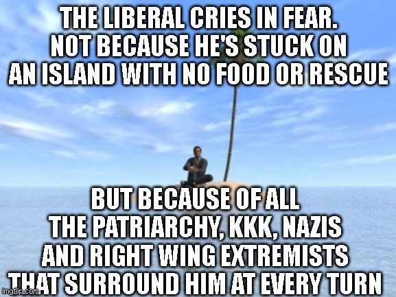 Liberals : forever fighting the non-existent | THE LIBERAL CRIES IN FEAR. NOT BECAUSE HE'S STUCK ON AN ISLAND WITH NO FOOD OR RESCUE; BUT BECAUSE OF ALL THE PATRIARCHY, KKK, NAZIS AND RIGHT WING EXTREMISTS THAT SURROUND HIM AT EVERY TURN | image tagged in desert island | made w/ Imgflip meme maker