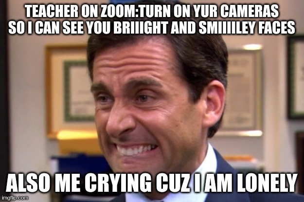 every teacher | TEACHER ON ZOOM:TURN ON YUR CAMERAS SO I CAN SEE YOU BRIIIGHT AND SMIIIILEY FACES; ALSO ME CRYING CUZ I AM LONELY | image tagged in cringe,school | made w/ Imgflip meme maker
