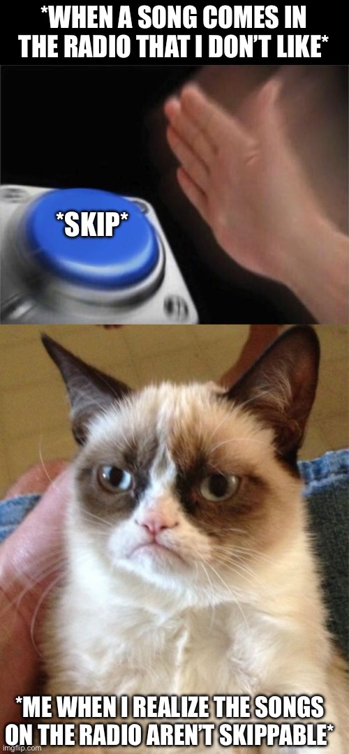 You Can’t Skip Songs On The Radio | *WHEN A SONG COMES IN THE RADIO THAT I DON’T LIKE*; *SKIP*; *ME WHEN I REALIZE THE SONGS ON THE RADIO AREN’T SKIPPABLE* | image tagged in blank nut button,grumpy cat,music,skip songs,angry | made w/ Imgflip meme maker