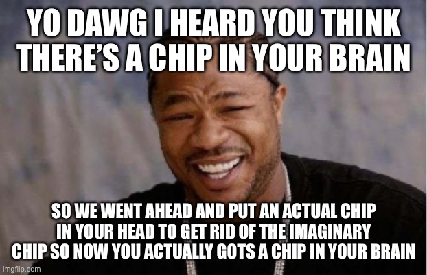 Yo Dawg Heard You Meme | YO DAWG I HEARD YOU THINK THERE’S A CHIP IN YOUR BRAIN; SO WE WENT AHEAD AND PUT AN ACTUAL CHIP IN YOUR HEAD TO GET RID OF THE IMAGINARY CHIP SO NOW YOU ACTUALLY GOTS A CHIP IN YOUR BRAIN | image tagged in memes,yo dawg heard you | made w/ Imgflip meme maker