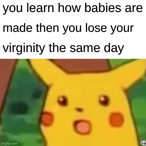 Surprised Pikachu Meme | you learn how babies are; made then you lose your; virginity the same day | image tagged in memes,surprised pikachu | made w/ Imgflip meme maker