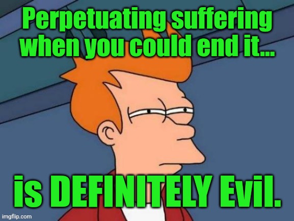 Fry is not sure... | Perpetuating suffering when you could end it... is DEFINITELY Evil. | image tagged in fry is not sure | made w/ Imgflip meme maker