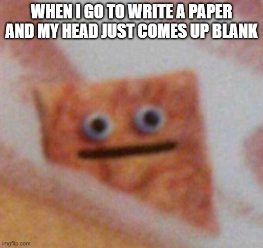 visible frustration | WHEN I GO TO WRITE A PAPER AND MY HEAD JUST COMES UP BLANK | image tagged in cinnamon toast crunch | made w/ Imgflip meme maker