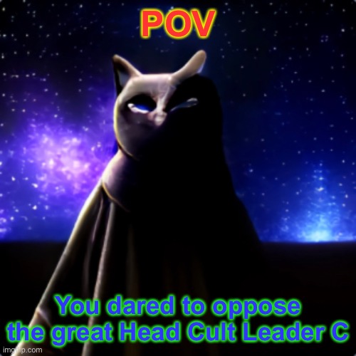 Hehehehe Cat Scratch Voodoo Doll No Birb Sacrifices Cult boss battle… This will be fun | POV; You dared to oppose the great Head Cult Leader C | image tagged in cat scratch voodoo doll no birb sacrifices cult,boss fight,roleplay | made w/ Imgflip meme maker