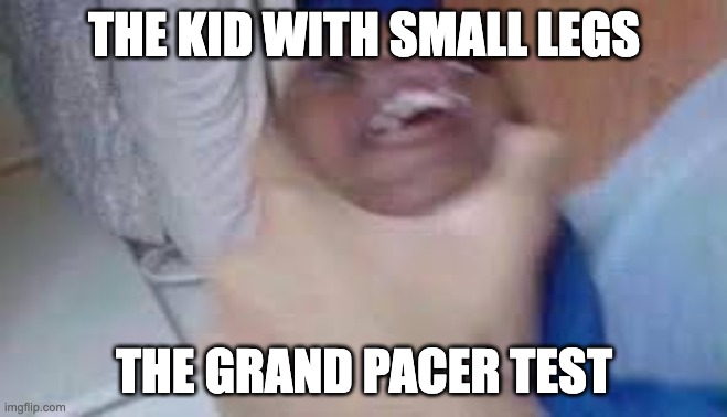 kid getting choked | THE KID WITH SMALL LEGS THE GRAND PACER TEST | image tagged in kid getting choked | made w/ Imgflip meme maker