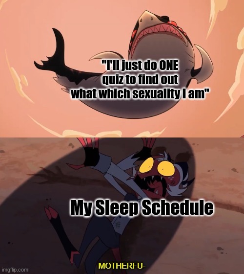 Sleep is for the weak | "I'll just do ONE quiz to find out what which sexuality I am"; My Sleep Schedule | image tagged in moxxie vs shark | made w/ Imgflip meme maker