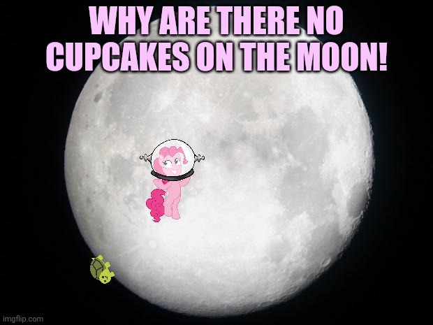 Pinkie pie problems |  WHY ARE THERE NO CUPCAKES ON THE MOON! | image tagged in full moon,pinkie pie,problems,cupcakes | made w/ Imgflip meme maker