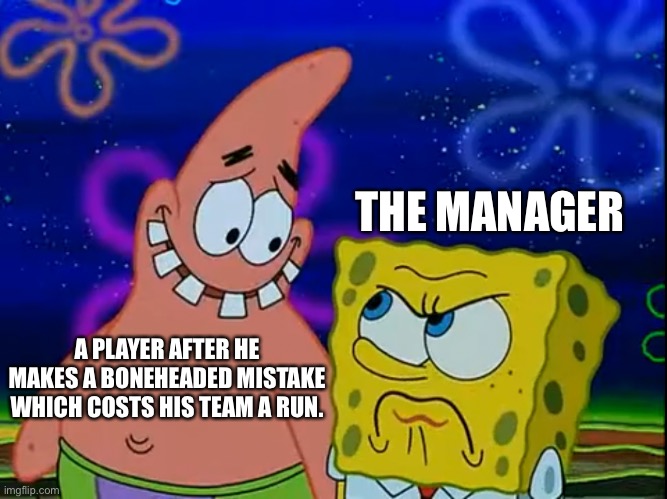 A silly mistake | THE MANAGER; A PLAYER AFTER HE MAKES A BONEHEADED MISTAKE WHICH COSTS HIS TEAM A RUN. | image tagged in spongebob,baseball | made w/ Imgflip meme maker