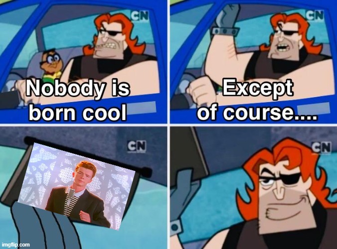 Nobody is born cool | image tagged in never gonna give you up,never gonna let you down,never gonna run around,and desert you,never gonna make you cry | made w/ Imgflip meme maker