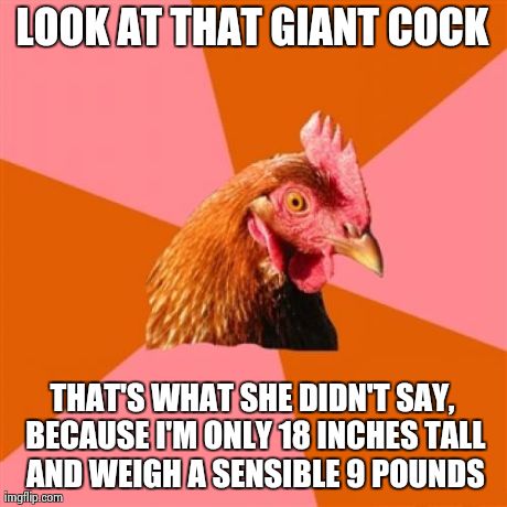 Anti Joke Chicken | LOOK AT THAT GIANT COCK THAT'S WHAT SHE DIDN'T SAY, BECAUSE I'M ONLY 18 INCHES TALL AND WEIGH A SENSIBLE 9 POUNDS | image tagged in memes,anti joke chicken | made w/ Imgflip meme maker