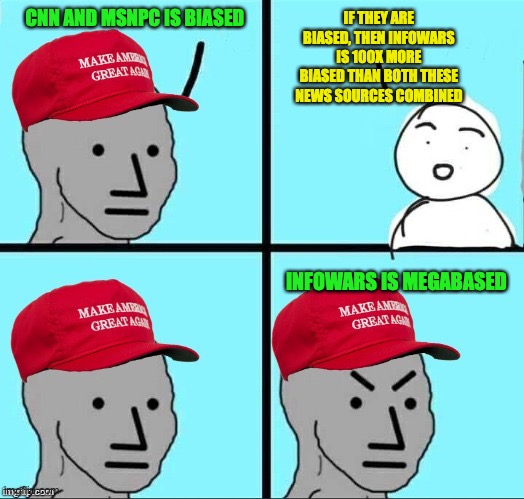 Yes CNN and MSNBC is biased but Infowars is much more biased, MAGA idiots will say otherwise | CNN AND MSNPC IS BIASED; IF THEY ARE BIASED, THEN INFOWARS IS 100X MORE BIASED THAN BOTH THESE NEWS SOURCES COMBINED; INFOWARS IS MEGABASED | image tagged in maga npc an an0nym0us template,cnn,msnbc,infowars,bias,maga logic | made w/ Imgflip meme maker