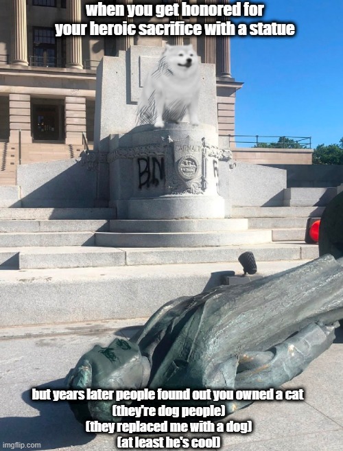 meme | when you get honored for your heroic sacrifice with a statue; but years later people found out you owned a cat 
(they're dog people)
(they replaced me with a dog)
(at least he's cool) | image tagged in doge | made w/ Imgflip meme maker