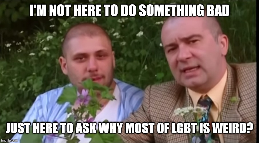 I just find most sexualities weird.
(mod note: cuz why not) | I'M NOT HERE TO DO SOMETHING BAD; JUST HERE TO ASK WHY MOST OF LGBT IS WEIRD? | image tagged in green screen bois | made w/ Imgflip meme maker