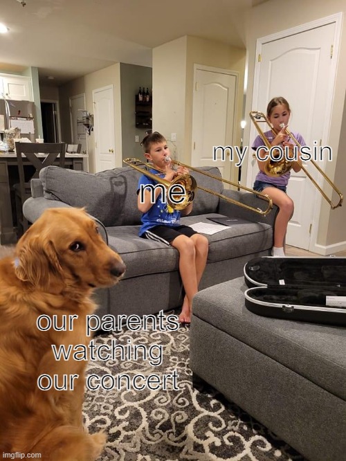 it do be like that | my cousin; me; our parents
watching
our concert | image tagged in fed up doggo | made w/ Imgflip meme maker