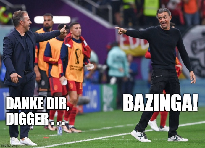 WM 2022 - Deutschland Spanien | BAZINGA! DANKE DIR, 
DIGGER . . . | image tagged in hansiflickluisenrique,deutschland,spanien,wm2022,katar | made w/ Imgflip meme maker