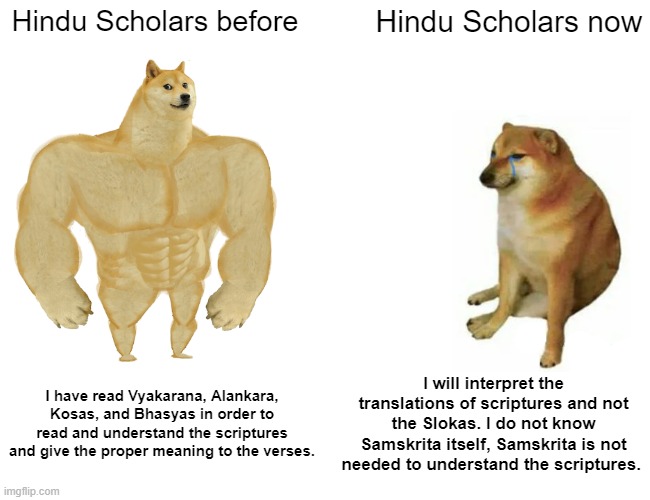 Scholars of the Past Vs Present day scholars. | Hindu Scholars before; Hindu Scholars now; I have read Vyakarana, Alankara, Kosas, and Bhasyas in order to read and understand the scriptures and give the proper meaning to the verses. I will interpret the translations of scriptures and not the Slokas. I do not know Samskrita itself, Samskrita is not needed to understand the scriptures. | image tagged in memes,buff doge vs cheems | made w/ Imgflip meme maker