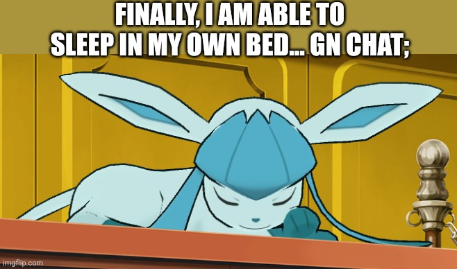 sleeping glaceon | FINALLY, I AM ABLE TO SLEEP IN MY OWN BED... GN CHAT; | image tagged in sleeping glaceon | made w/ Imgflip meme maker