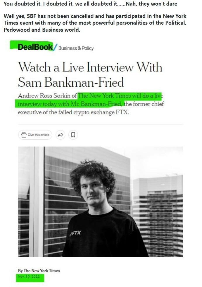 SBF/FTX has NOT Cancelled New York Times Money Laundering Event | image tagged in sbf,ftx,sam bankman fried,political chicanery,political corruption,government corruption | made w/ Imgflip meme maker