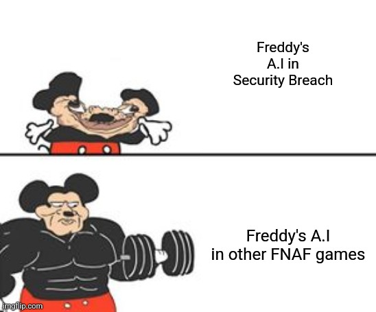 Buff Mokey | Freddy's A.I in Security Breach; Freddy's A.I in other FNAF games | image tagged in buff mokey | made w/ Imgflip meme maker