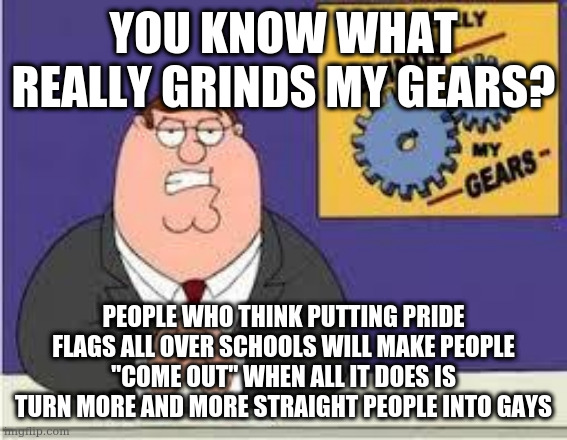 everyone is pretty much gay now because adults are glorifying it and then kids want to join in | YOU KNOW WHAT REALLY GRINDS MY GEARS? PEOPLE WHO THINK PUTTING PRIDE FLAGS ALL OVER SCHOOLS WILL MAKE PEOPLE "COME OUT" WHEN ALL IT DOES IS TURN MORE AND MORE STRAIGHT PEOPLE INTO GAYS | image tagged in you know what really grinds my gears | made w/ Imgflip meme maker