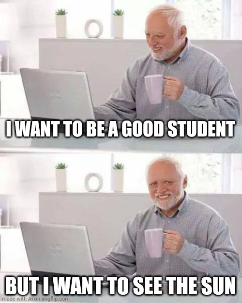 You can't have both | I WANT TO BE A GOOD STUDENT; BUT I WANT TO SEE THE SUN | image tagged in memes,hide the pain harold | made w/ Imgflip meme maker