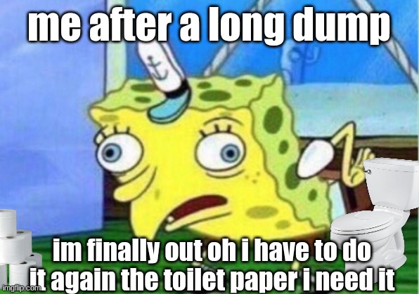 me after a poop | me after a long dump; im finally out oh i have to do it again the toilet paper i need it | image tagged in memes,mocking spongebob | made w/ Imgflip meme maker