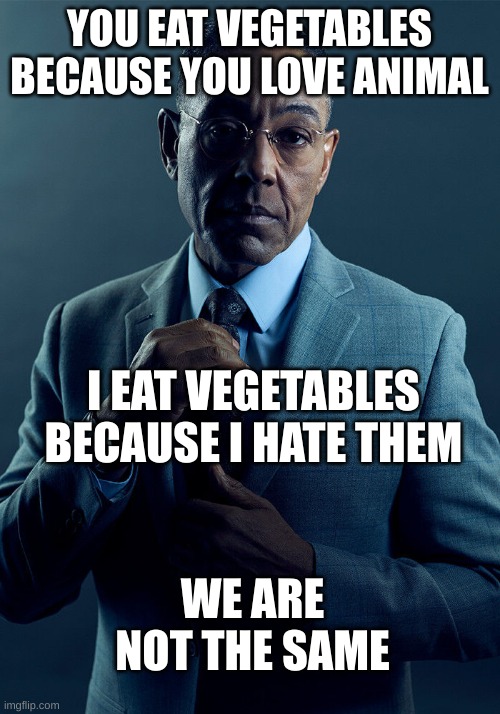 Gus Fring we are not the same | YOU EAT VEGETABLES BECAUSE YOU LOVE ANIMAL; I EAT VEGETABLES BECAUSE I HATE THEM; WE ARE NOT THE SAME | image tagged in gus fring we are not the same | made w/ Imgflip meme maker