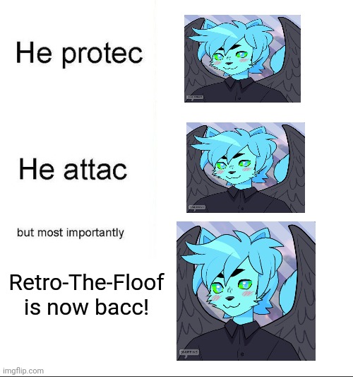 Retro-The-Floof is now back online, baby!!! (Sorry about the late announcement) :> | Retro-The-Floof is now bacc! | image tagged in he protecc,retro-the-floof,furry,imgflip users | made w/ Imgflip meme maker
