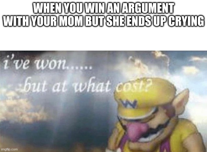 ive won but at what cost | WHEN YOU WIN AN ARGUMENT WITH YOUR MOM BUT SHE ENDS UP CRYING | image tagged in ive won but at what cost | made w/ Imgflip meme maker