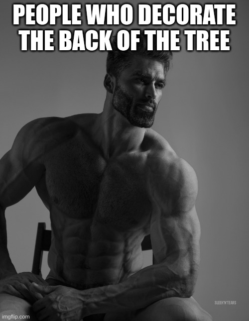 Giga Chad | PEOPLE WHO DECORATE THE BACK OF THE TREE | image tagged in giga chad | made w/ Imgflip meme maker