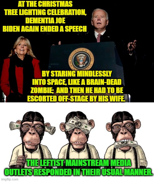 According to ABC, CBS, NBC, The New York Times, The Washington Post, there's nothing to see here. | AT THE CHRISTMAS TREE LIGHTING CELEBRATION, DEMENTIA JOE BIDEN AGAIN ENDED A SPEECH; BY STARING MINDLESSLY INTO SPACE, LIKE A BRAIN-DEAD ZOMBIE;  AND THEN HE HAD TO BE ESCORTED OFF-STAGE BY HIS WIFE. THE LEFTIST MAINSTREAM MEDIA OUTLETS RESPONDED IN THEIR USUAL MANNER. | image tagged in just another day | made w/ Imgflip meme maker