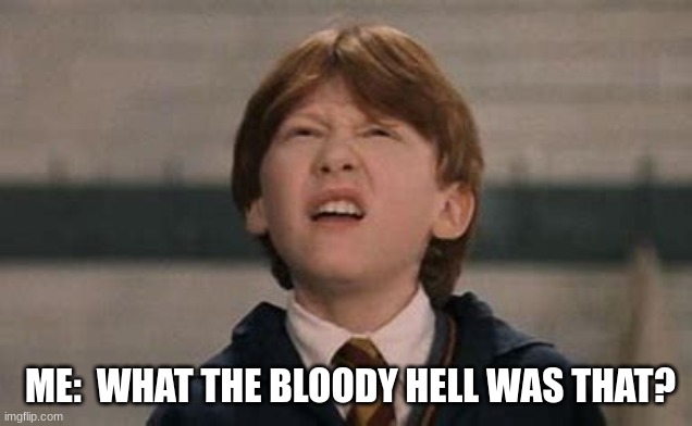 confused ron weasley | ME:  WHAT THE BLOODY HELL WAS THAT? | image tagged in confused ron weasley | made w/ Imgflip meme maker