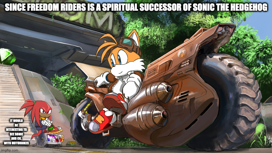 Sonic Freedom Riders | SINCE FREEDOM RIDERS IS A SPIRITUAL SUCCESSOR OF SONIC THE HEDGEHOG; IT WOULD BE INTERESTING TO SEE SONIC AND CO. WITH MOTORBIKES | image tagged in sonic the hedgehog,freedom riders,memes | made w/ Imgflip meme maker